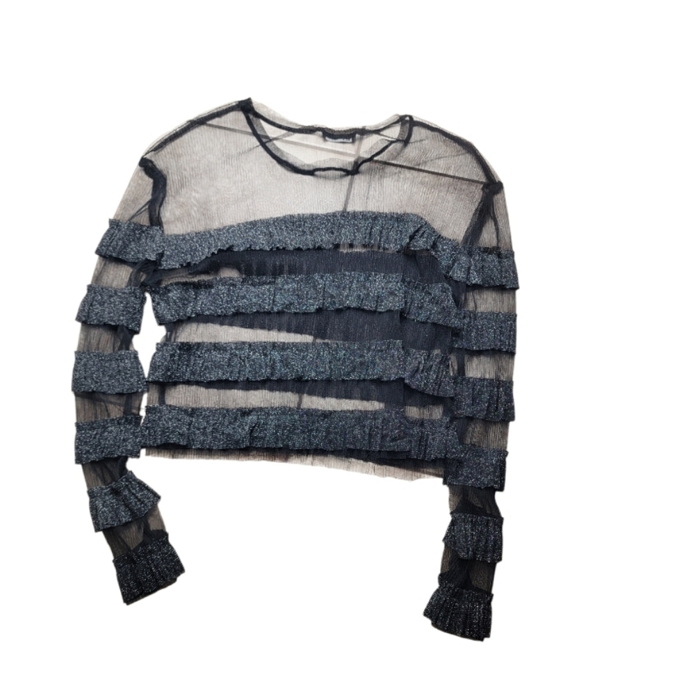 Zara Ruffle Black Long Sleeve Bodysuit-Soft See-Through Mesh Blouse
